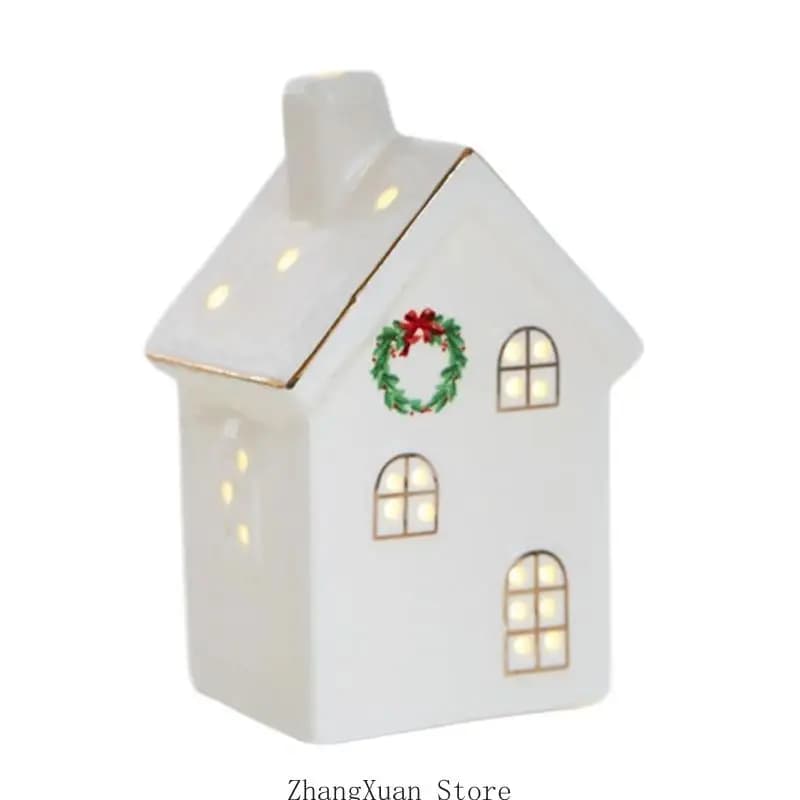 Seasonal Ceramic House Ornament with Interior Light for Entry Table 3XUF