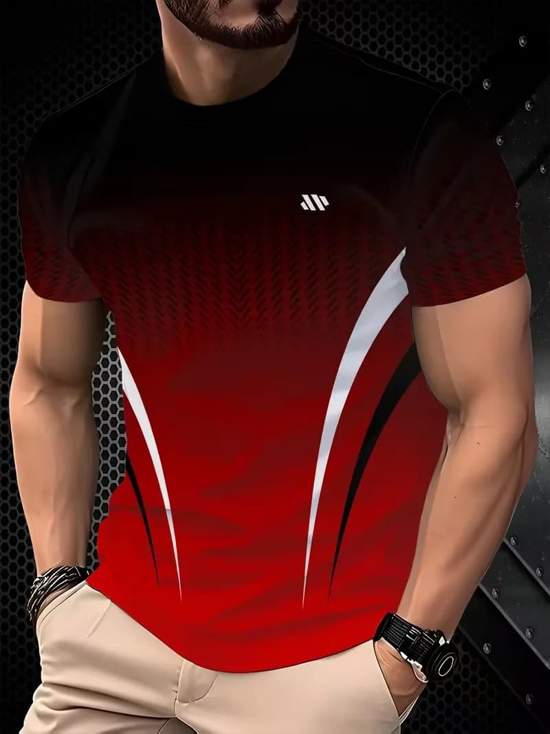 Fashion Men Black to red gradient printed T-shirt summer leisure outdoor sports fitness round neck short sleeved men's shirt top