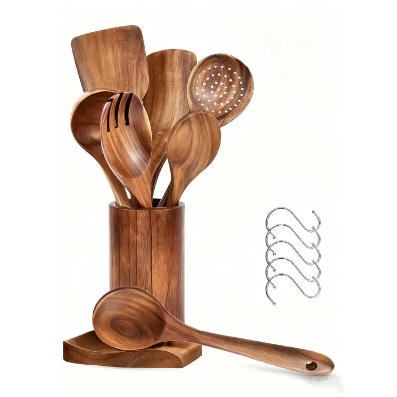 Wooden cookware set with spoon for cooking natural teak and acacia materials