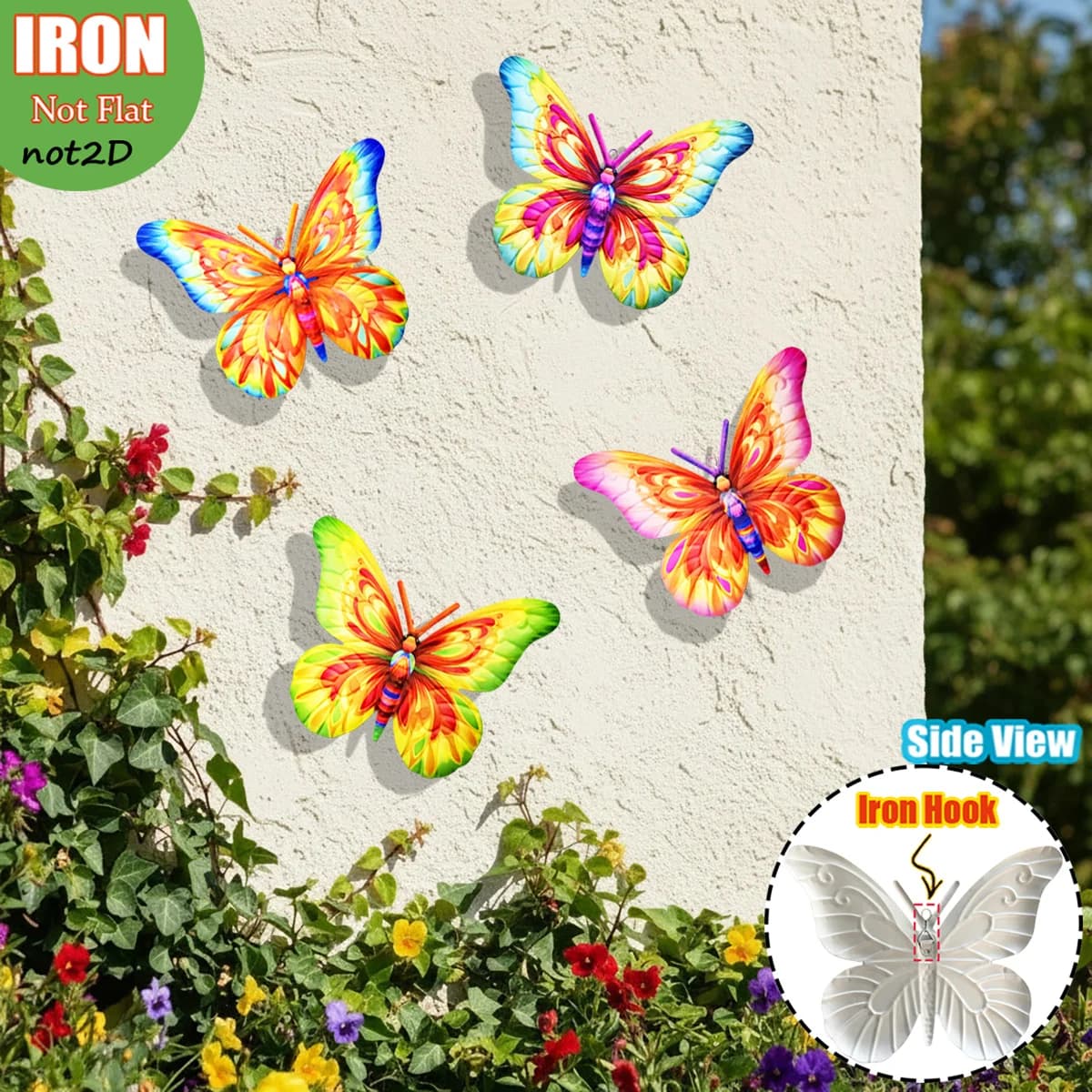 4PCS Vibrant Metal Butterfly Wall Art Decor, Rust-Resistant Outdoor Sculpture with Tool-Free Hook for Garden, Yard, Patio, Fence