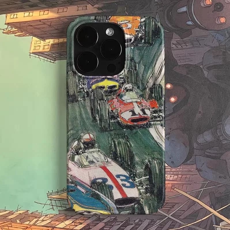 Green Oil Painting Graffiti Racing Car Case for IPHONE 17 16 ProMax 15 14 Plus 13 12 MINI 11 PRO 16Plus XR Acrylic Phone Cover