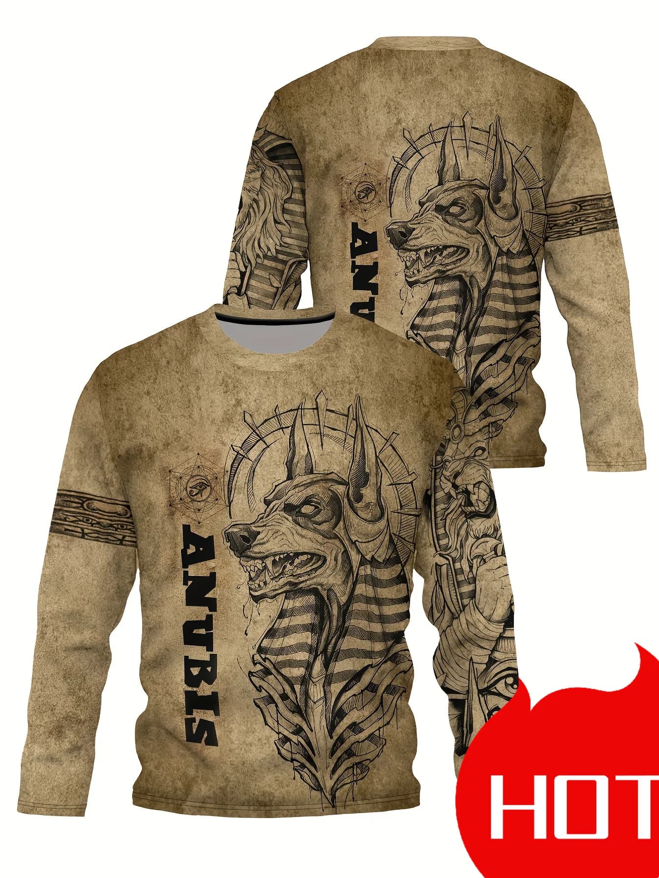 Men’s Long Sleeve Anubis Egyptian Print T-Shirt Regular Fit Crew Neck Casual Top for Street Daily Wear Pullover