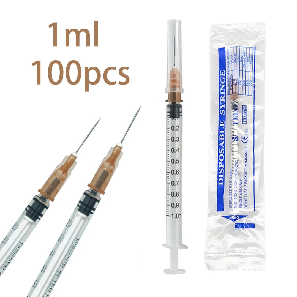 1ml/cc Plastic Sterilize Disposable Syringe with 26G 1/2inch Needle, Individually Wrapped for Pets Veterinary Use,100pcs