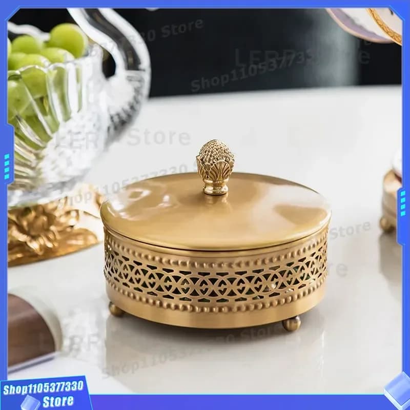 Retro Brass Storage Box With Lid Hollow Design Light Luxury Desktop Candy Container High End Home Ornament For Living Room