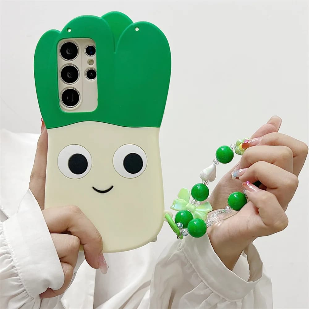 Novelty Green Leek Bead Chain Phone Case for S26 Ultra Crossbody Strap Vegetable Protective Cover for Samsung Galaxy S25 S24 A57