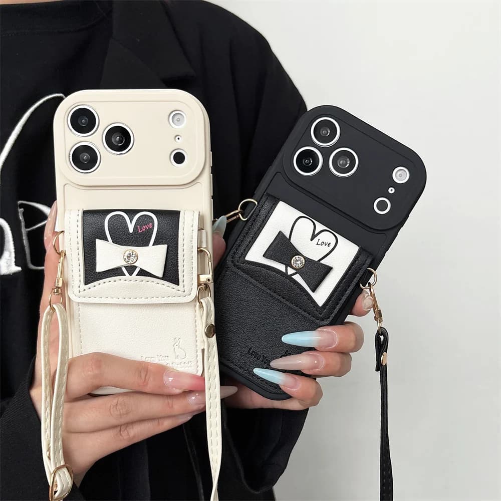Stylish Heart Bow Embossed Rabbit Card Holder Phone Case for 17 Pro Max Crossbody Strap Wallet Protect Cover for iPhone 16 15 14