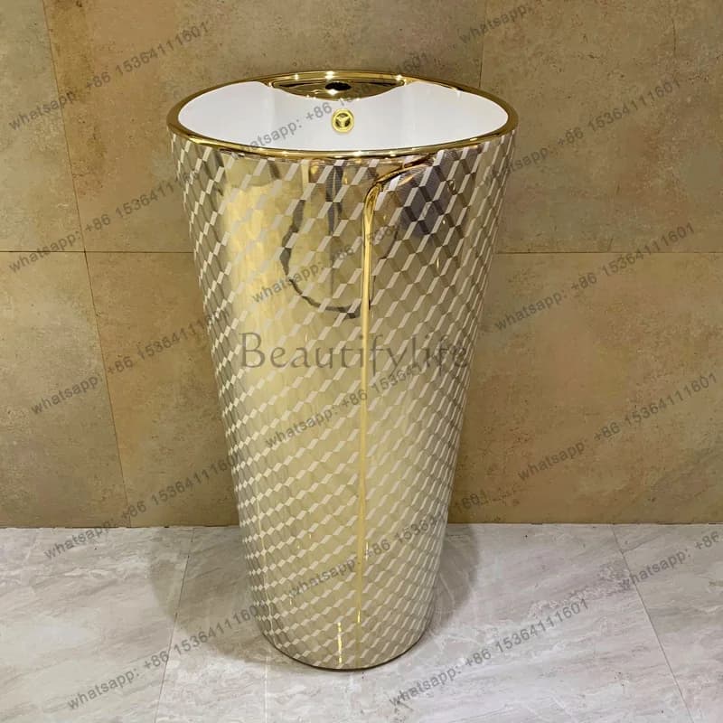 Ceramic integrated color gold pillar basin, electroplated gold floor wash basin