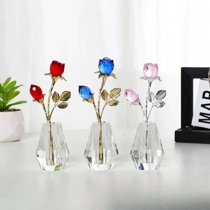 Handmade Rose Flower Crystal Figurine with Vase, Crystal Gift for Women, Crystal Flower Home Table Decor for Anniversary Wedding