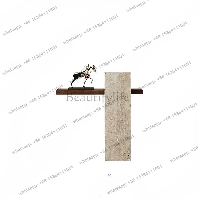 YJ Wabi-Sabi Natural Travertine Console Table Narrow Entryway Hallway Table Vintage Wall-Mounted Long Desk Decor Sideboard