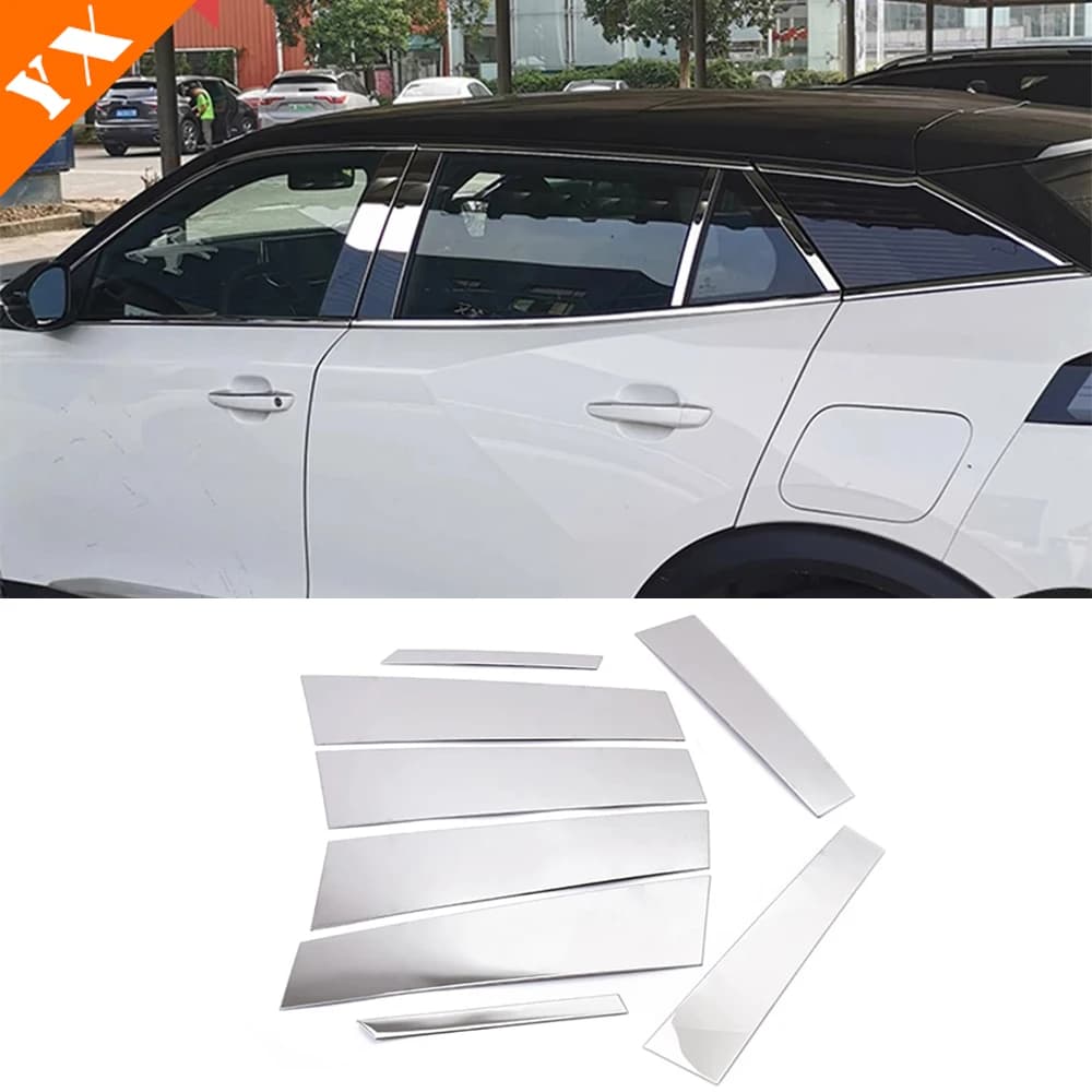 Stainless Mirror Style Garnish Car Door Window Pillar Protect Decor Frame Sticker Cover For Peugeot 2008 2019-2023 Accessories