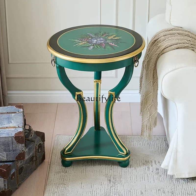 yj9 Painted retro small round table solid wood edge few American sofa living room tea table