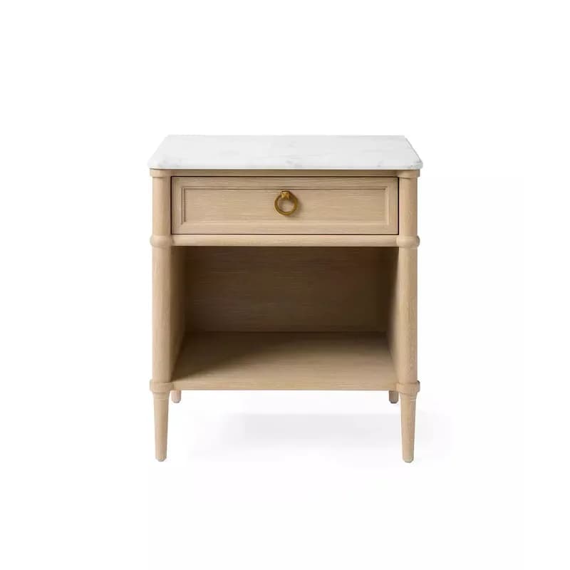 for French Cream White Oak Marble Bedside Table Modern Nightstand with Storage Drawer Bedroom Furniture Accent End Table