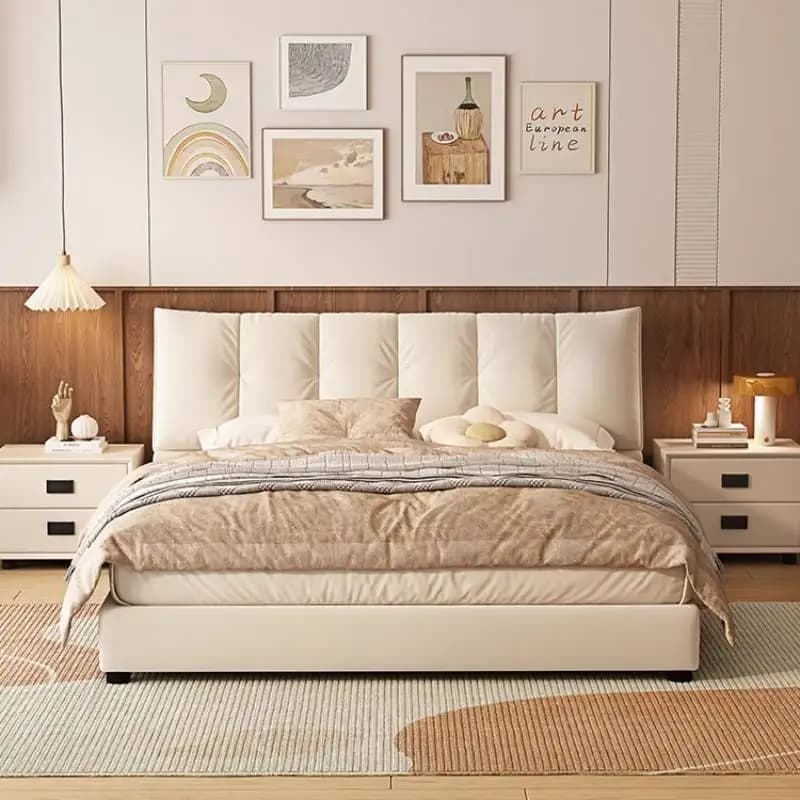 Minimalist Beige European Double Bed Low Price White Modern Wooden Double Bed Frame Pliable Cama Box Solteiro Furniture For Home