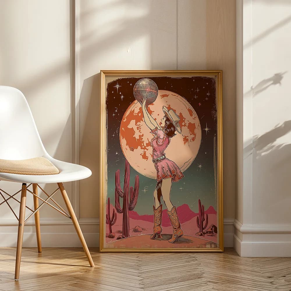 Vintage Western Disco Cowgirl Canvas Wall Decor Picture, 2D Printed Poster Wall Art, Unique Home Decor Gift For Living Room And