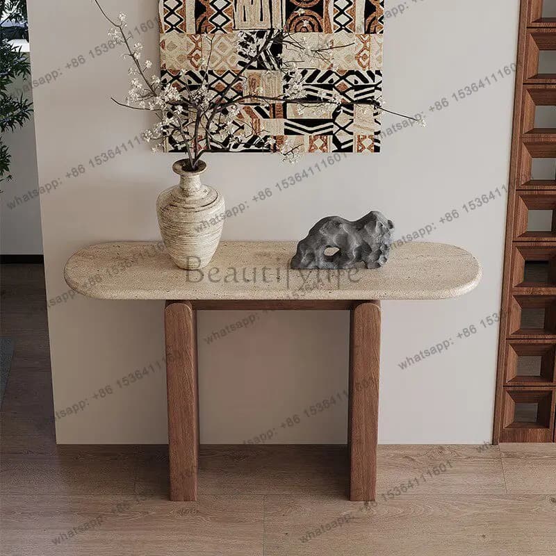 Medieval wabi-sandy wind solid wood natural travertine rock slab entry entrance table very narrow strip case