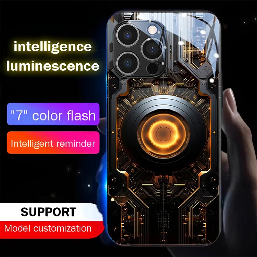 Mechanical Light Smart LED Light Glow Tempered Glass Phone Case For iPhone Air 17 16 E 15 14 13 12 11 Pro Max Plus XS XR
