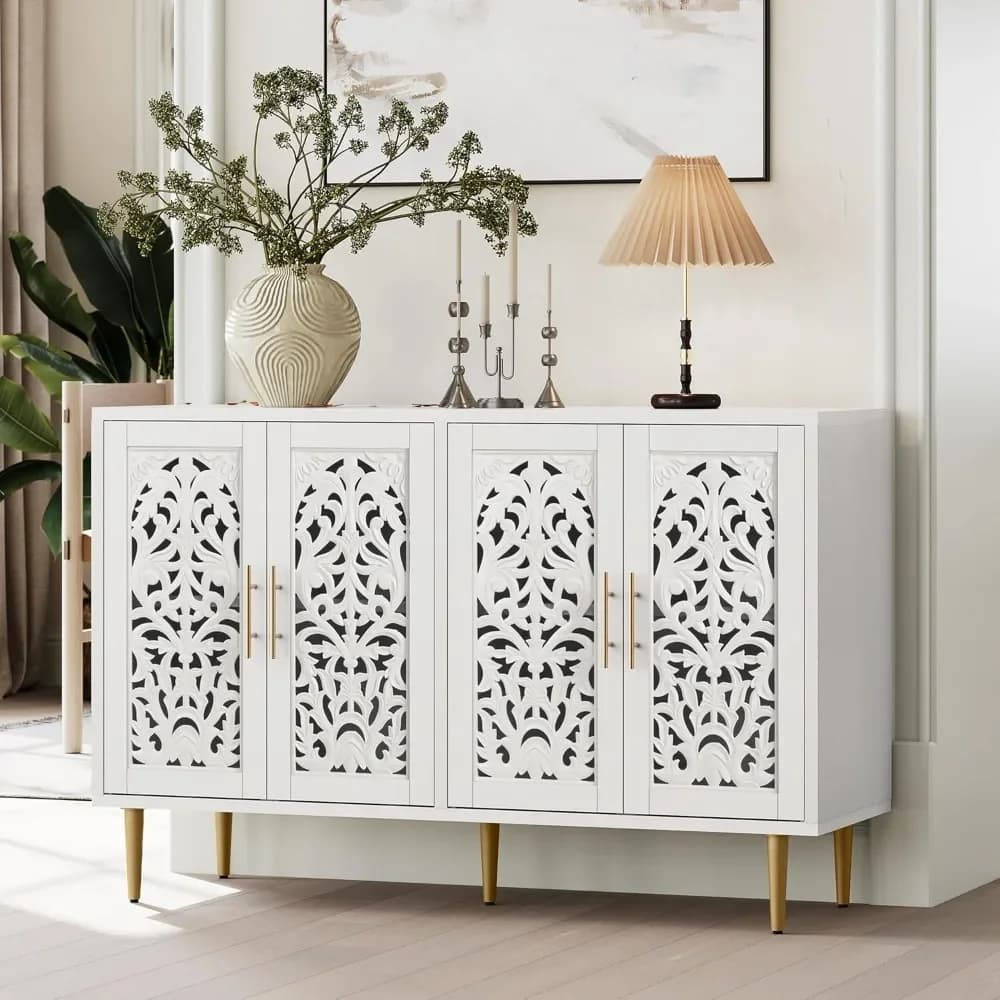 47.8" Accent Cabinet with 4 Doors, Vintage Hollow Carving Buffet , Sideboards and Buffets with Storage