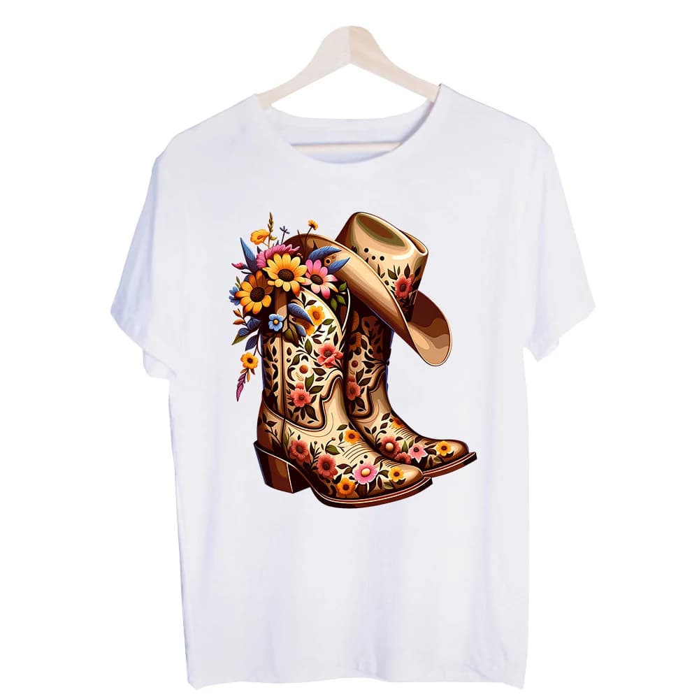 Women's Cowboy Boots with Floral Design Graphic Tee, Western Style Short Sleeve T-Shirt for Casual Daily Wear