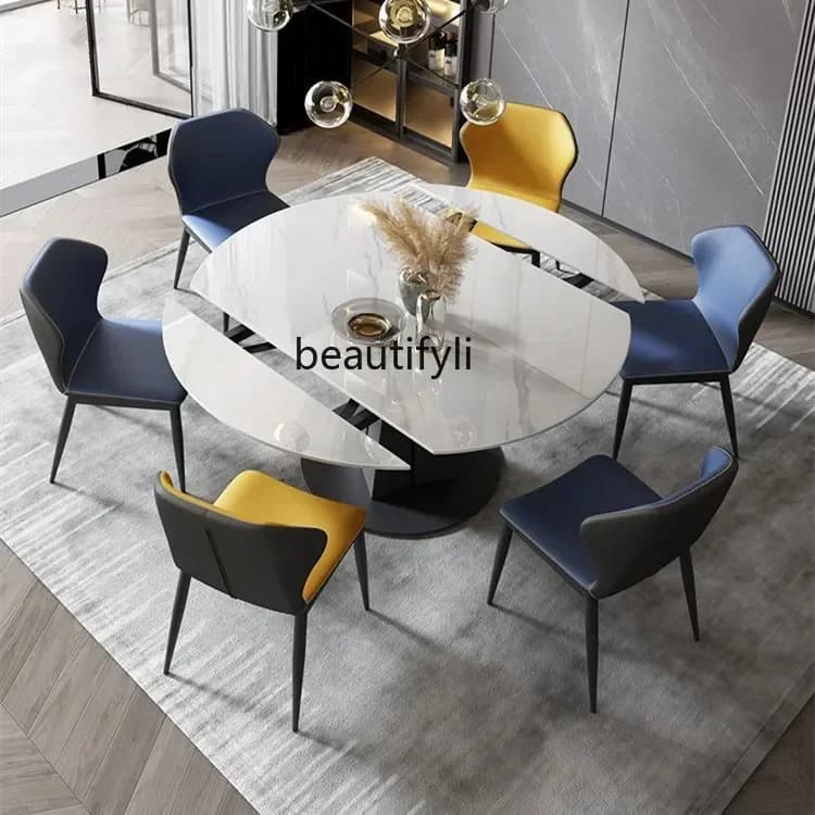 ljyLight luxury rock slab dining table and chair combination small apartment rotating telescopic folding round dining table