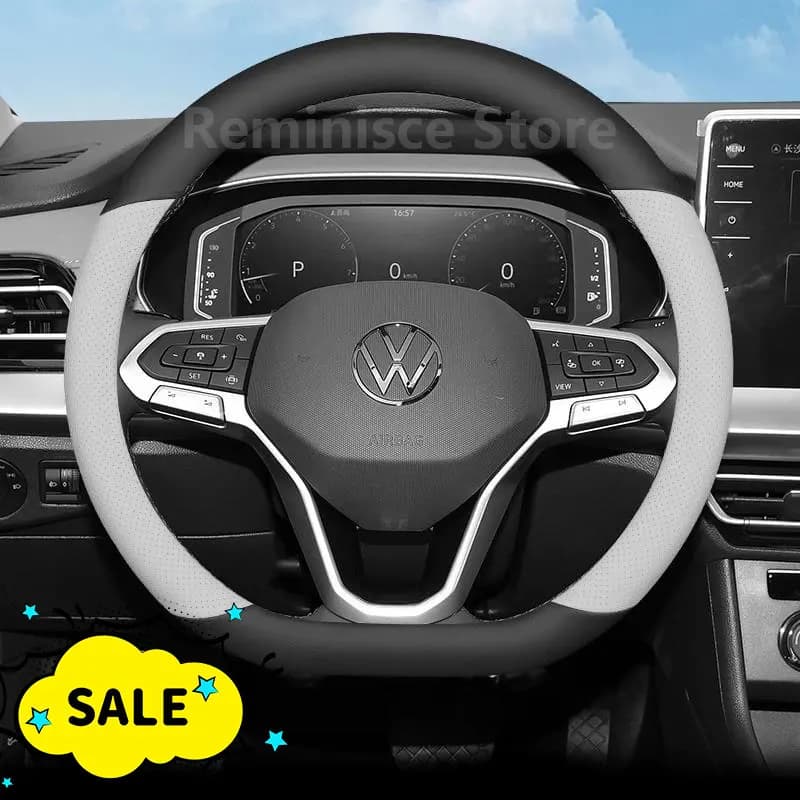 Leather Car Steering Wheel Cover For Volkswagen Tayron R Polo GTI Passat Tiguan T-ROC Atlas R Taos T-Cross 2025 2026 Accessories