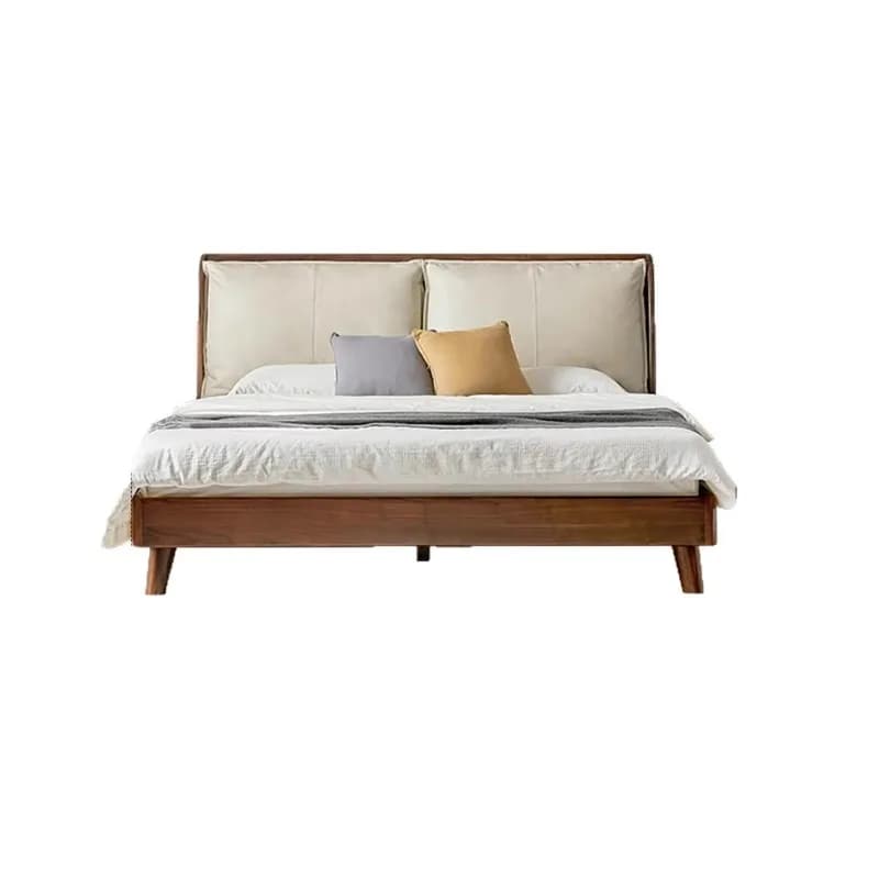 Solid wood style mortise platform bed Queen bed, black walnut leather upholstered, suitable for master bedroom