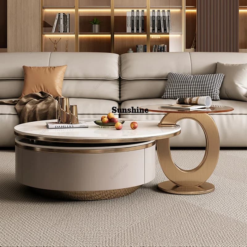 Modern Luxury Foldable Coffee Table Set Home Round Rock Slab Center Table Sets for Living Room Office 2-Piece Table with Storage