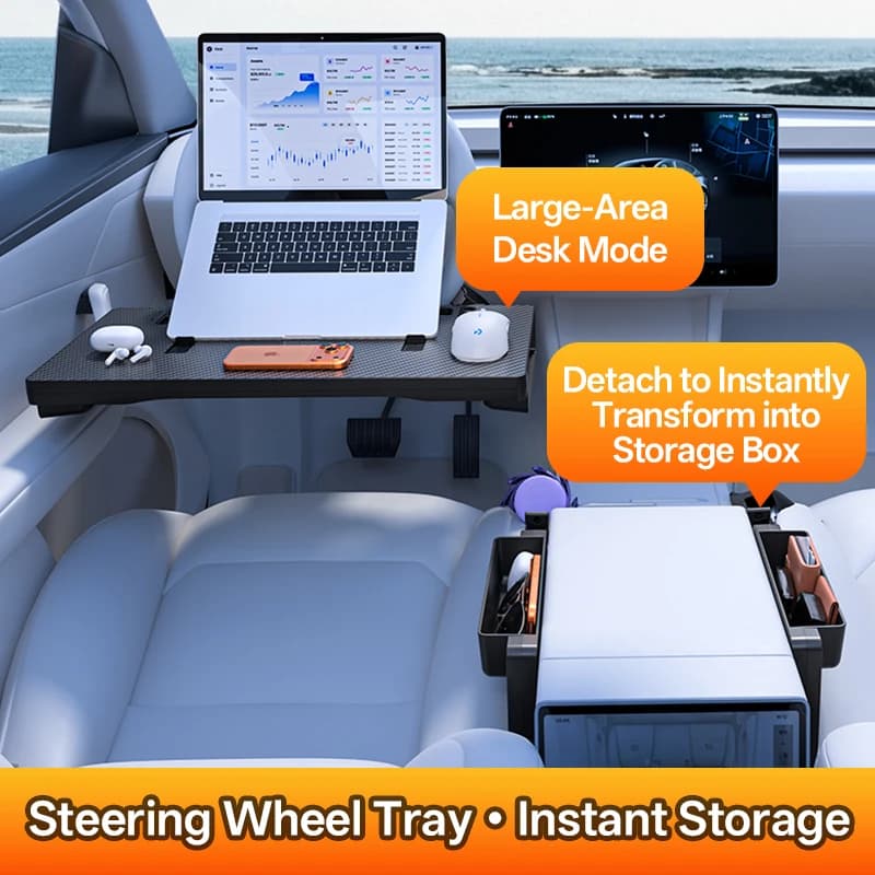 2-in-1 Foldable Car Steering Wheel Desk Tray Carbon Fiber Design Car Seat Gap Filler Organizer for Laptop, Eating Food, Writing