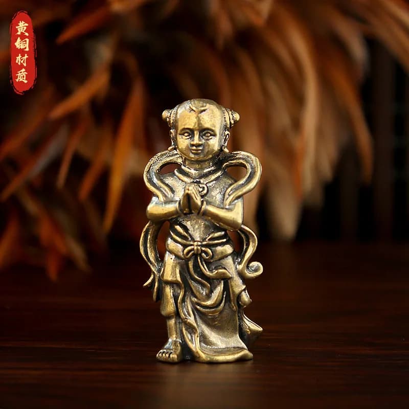 Brass Golden Jade Goddess Statue, Bodhisattva Avalokiteshvara with Child Attendant, for Home Worship and Living Room D