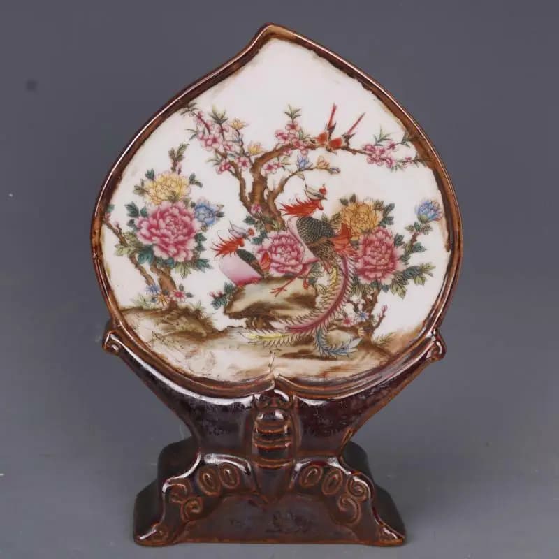 7.3" China Famille Rose Porcelain Peach Tree Phoenix Bird Screen Folding Screen