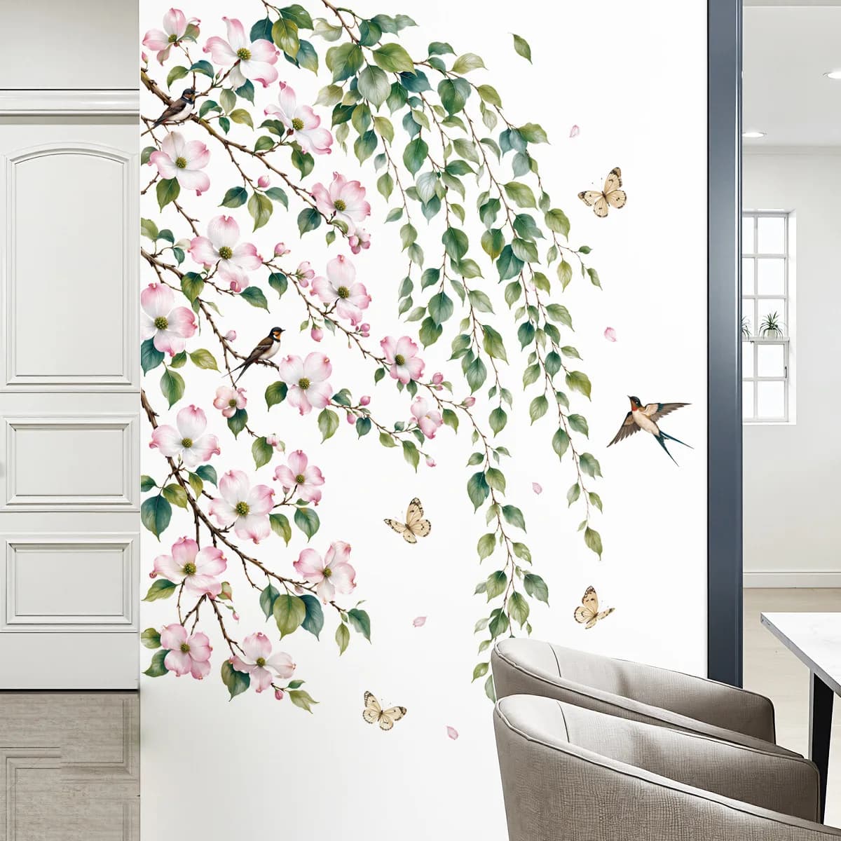 Green Plant Flower Vine Removable Wall Sticker, Floral Vine Wall Decal for Living Room Bedroom Background Home Interior Decor