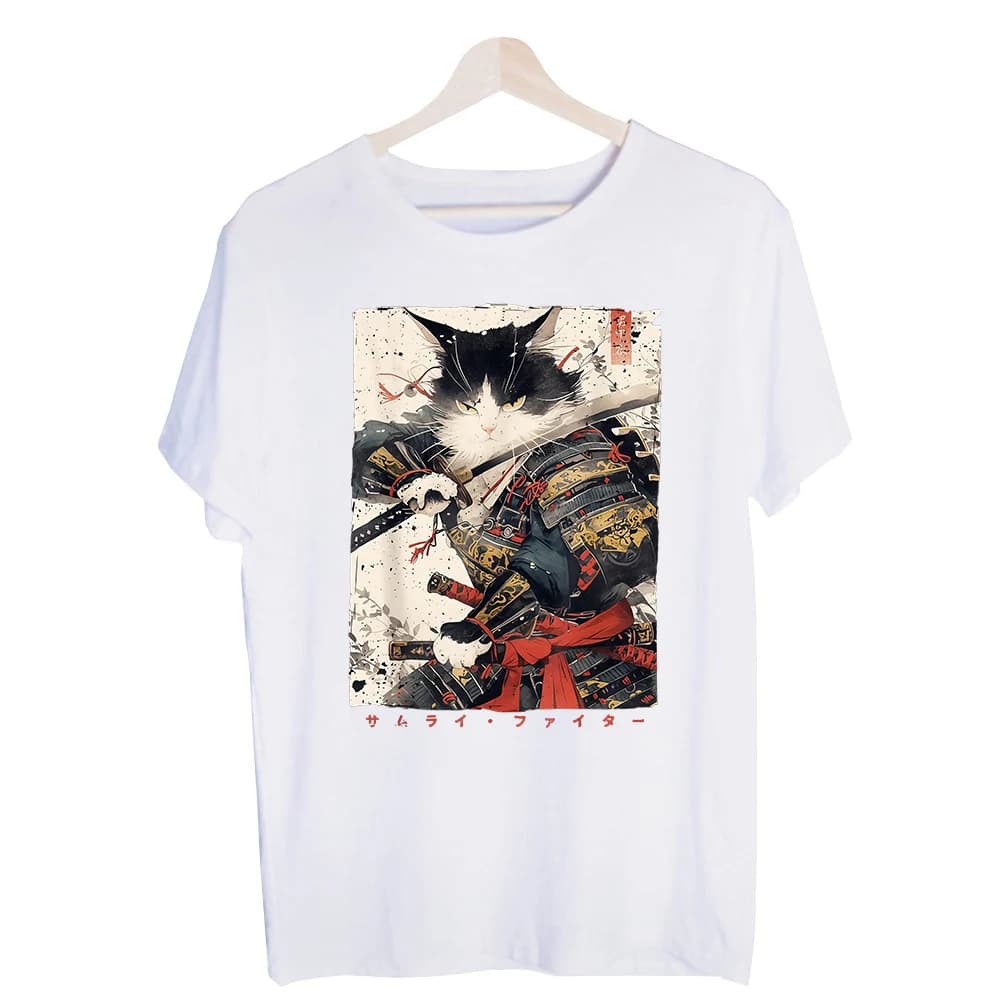 Men's Samurai Cat Graphic Tee, Short Sleeve Crew Neck T-Shirt for Casual Streetwear and Daily Wear