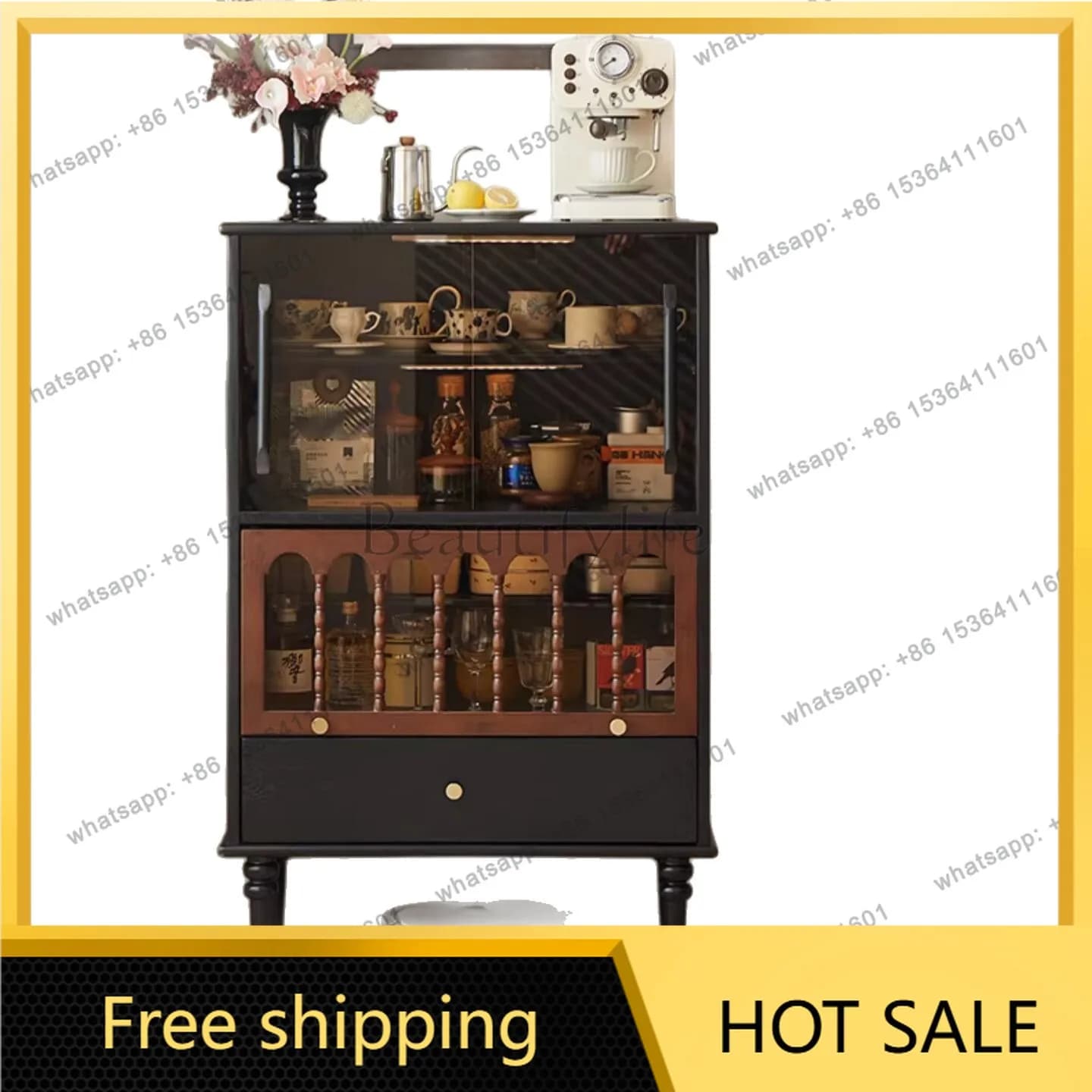 FG French retro solid wood dining side cabinet, antique living room storage cabinet