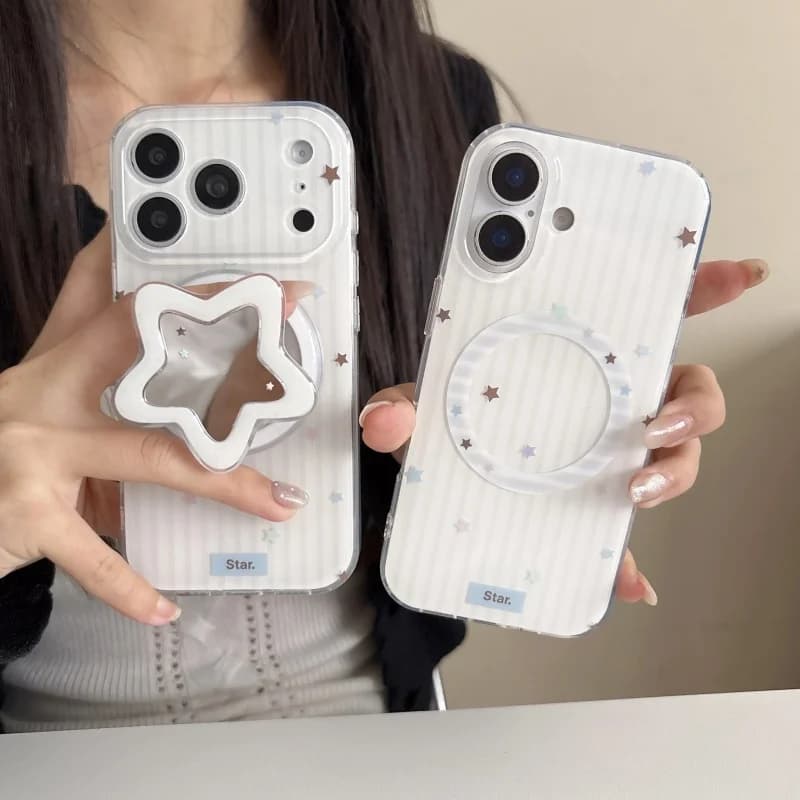 Fashion Stripes Cute Star Magnetic Phone Case For iPhone 17 Pro 16 15 14 Pro Max Back Cover with Mirror Stand For Magsafe Cases