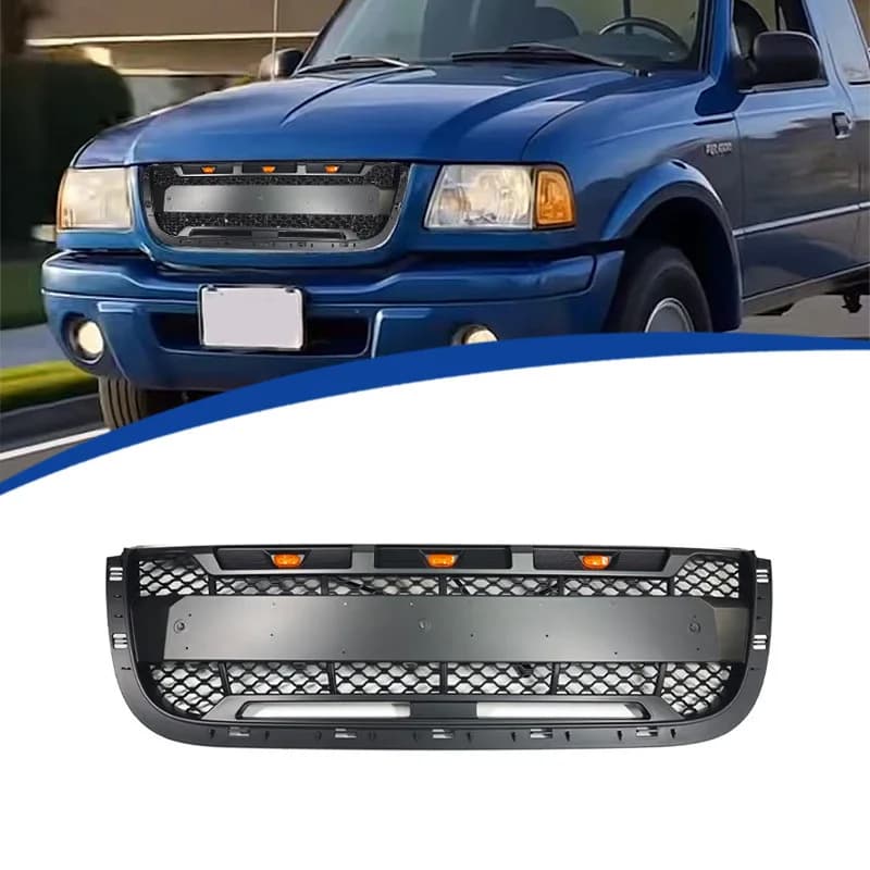For Ford Ranger 2001-2003 Front Bumper Grill ABS Mesh Grille with Amber LED Lights Replacement Car Exterior Tuning Modification