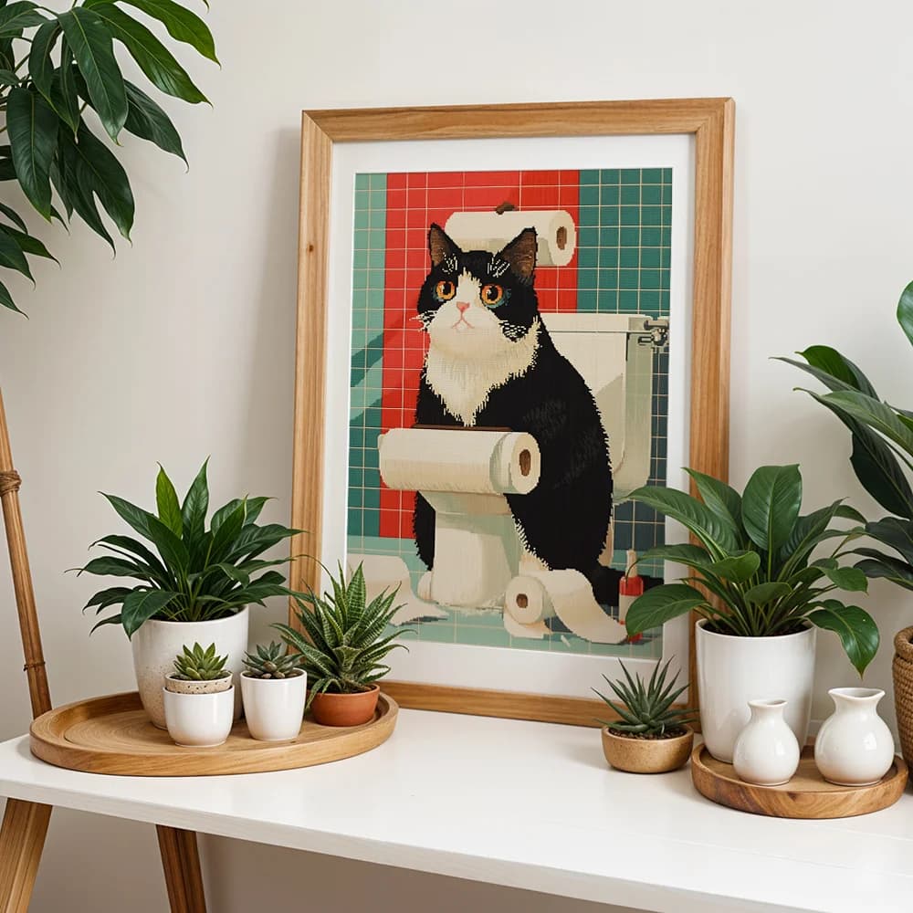 Abstract Playful Cat On Toilet Canvas Wall Art,2D Print,Wall Decor For Bathroom Living Room,Charming Whimsical Aesthetic Home De