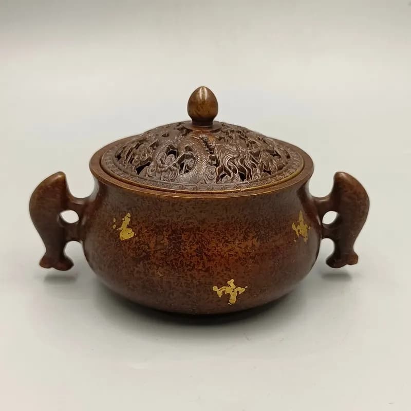 Brass Qiaoer flat-bottomed Baifu incense burner, home incense burner, office desk aromatherapy burner, copper mosquito incense b