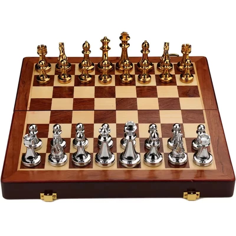 High-End Style Chess Set Wooden Board with Metal Pieces in a Gift Box for Backgammon Ornaments