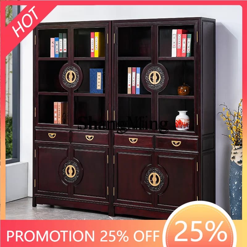 CL New Chinese Solid Wood Bookcase Wooden Office Storage Household Chinese Bookcase with Glass Door Display Cabinet