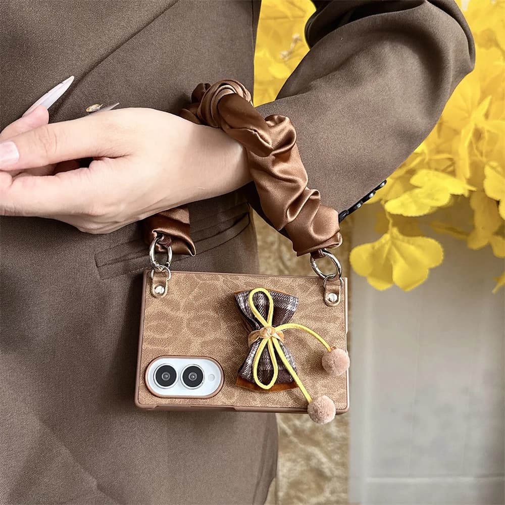 Korea Ins Leopard 3D bowknot Phone Case For Samsung Galaxy Z Fold 8 Cover Shockproof Cute Fold Cases with wrist strap Chain
