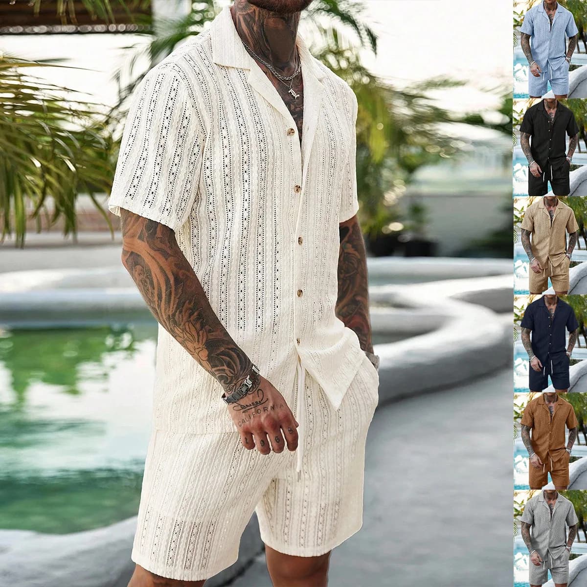 Seaside Beach Casual Hollow Out Outfits Men Summer Daily Leisure Button Short Sleeve Shirts And Shorts Sets Mens Two Piece Suits