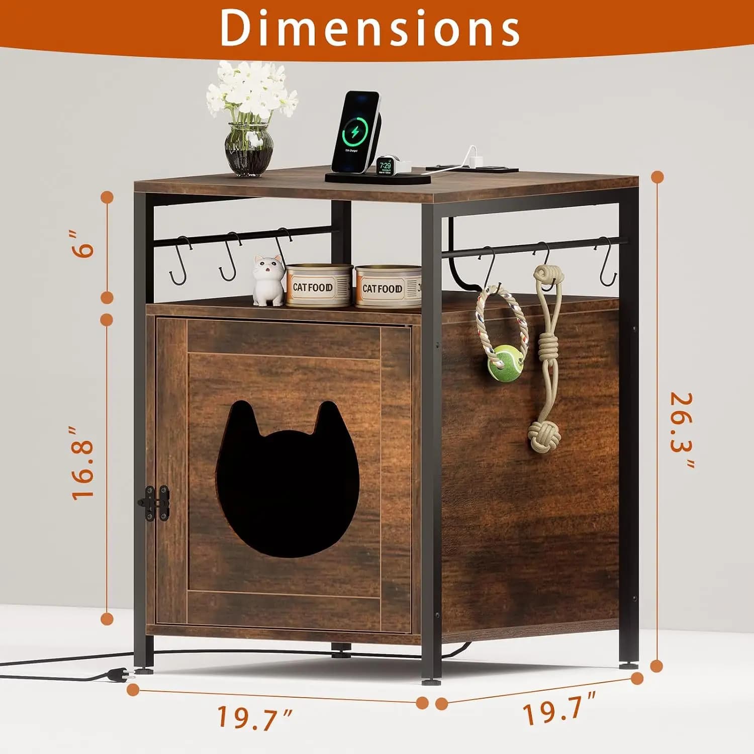 Cat Litter Box Furniture Enclosure, Nightstand with Power Outlet