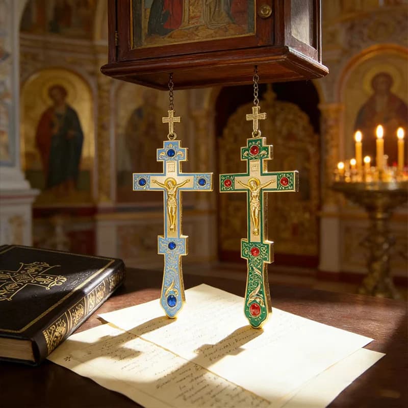 New Orthodox Metal Cross Church Supplies Religious Gift Jeusu Crucifix Gold Color Enamel Handhold Cross Stand Church Home Decor