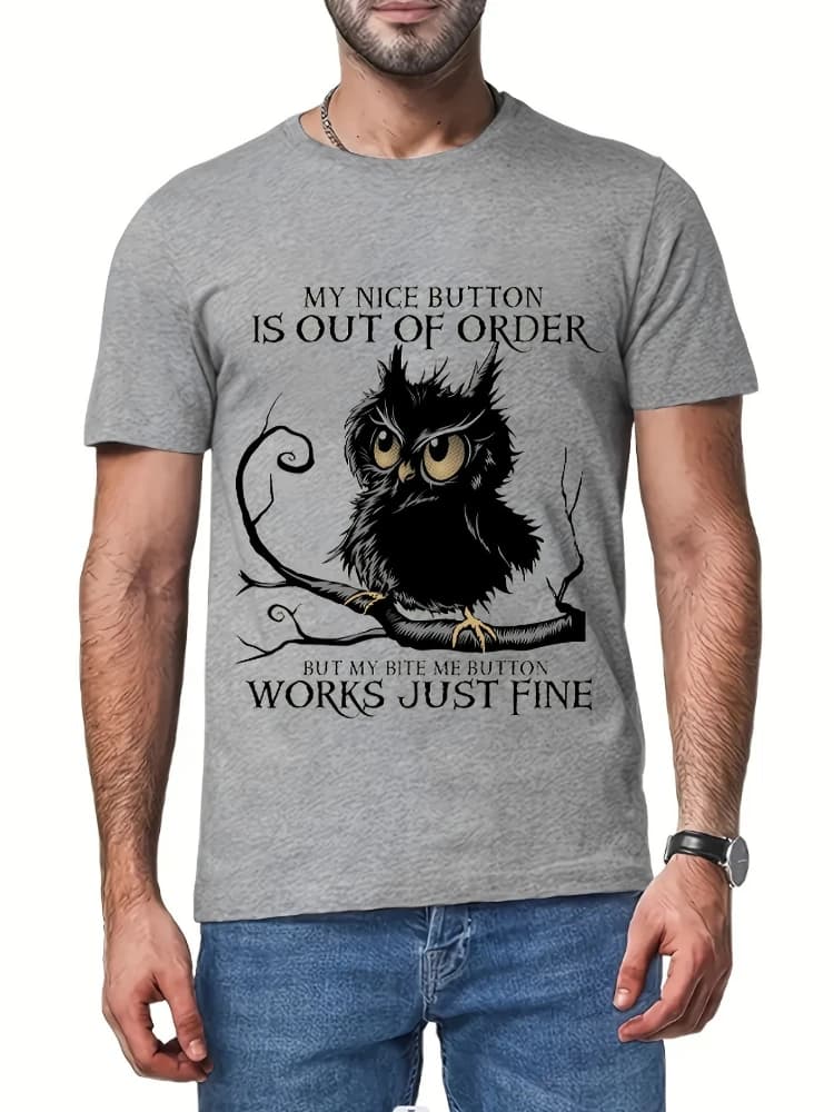 Men's casual T-shirt with cartoon owl and letter pattern is outdoor in summer.