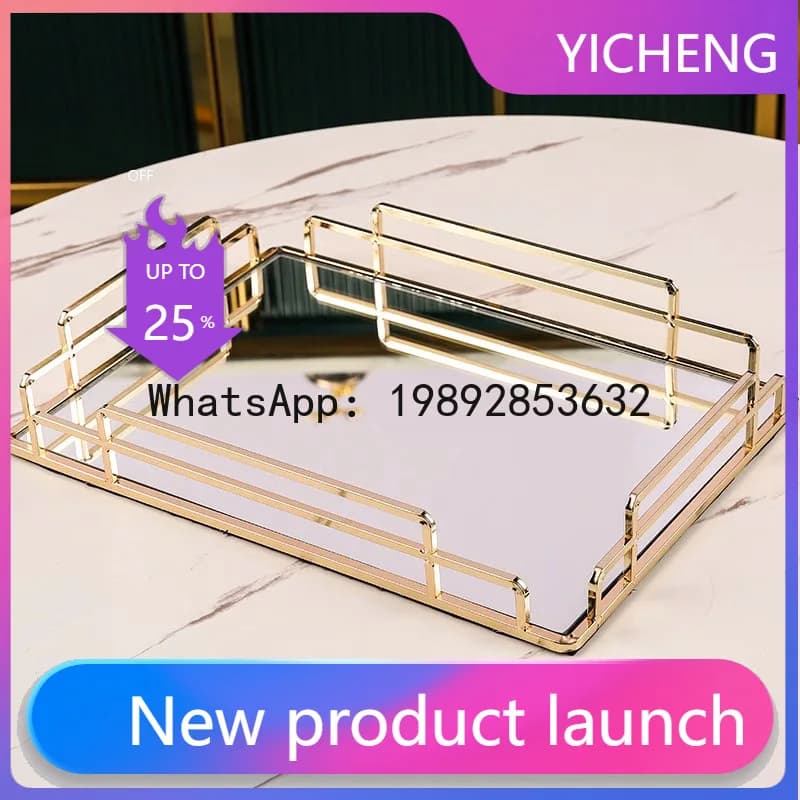 LYY Light Luxury Glass Tray Living Room Coffee Table Mirrored Tea Tray Metal Fruit Storage Tray Decoration