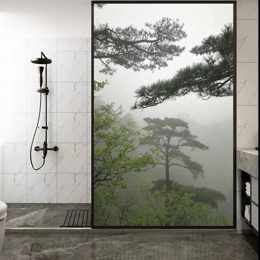 Static Cling Frosted Foggy Mountain Landscape Decorative Privacy Window Film Heat Control UV Blocking Window Stickers