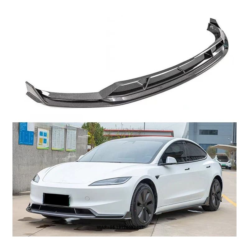 New forTesla Model 3 Dry Carbon Front Lip Bumper with Exhaust Cut-Outs-Bolt-On Universal Retrofit Upgrade for Protection