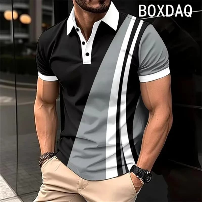Men's Short Sleeve Lapel With Button Polo Shirt 3D Fashion Stripe Gradient Print Polo Plus Size 6XL Men Summer Casual Polo Shirt