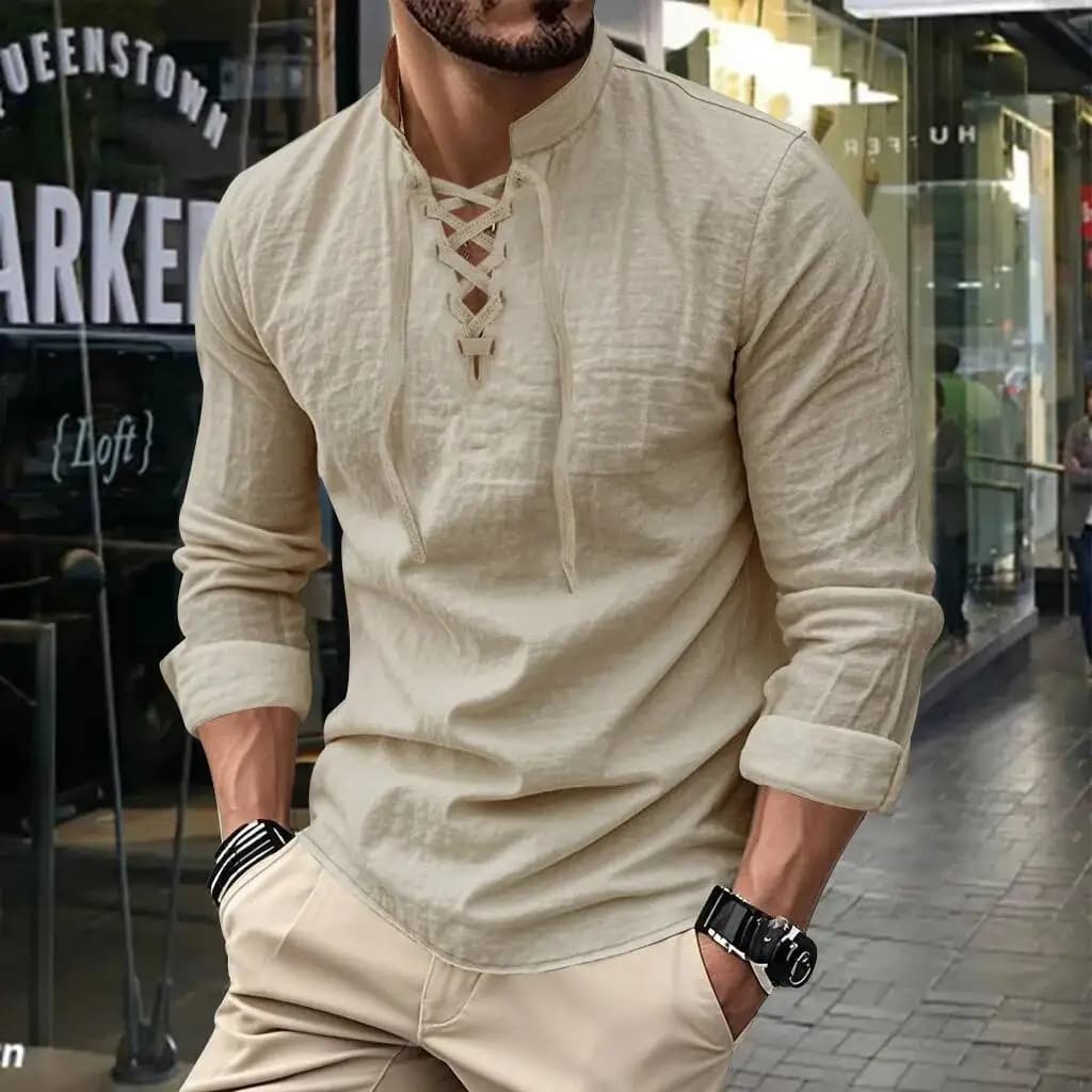 Casual Fashionable Men's Linen Long Sleeve Hip Hop Top Stand Collar Breathable Comfortable Lightweight T-Shirt For Youth