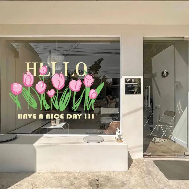 Korean Pink Tulip Decorative Glass Door Stickers Flower Cartoon Static Wall Stickers Window Flowers Static Cling Sticker Decor