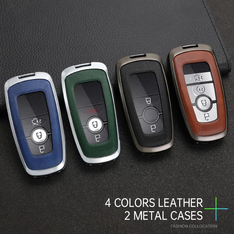 Zinc Alloy Leather Car Key Case Cover For Ford Bronco Edge Fusion Mustang Explorer F150 F250 F350 Ecosport Keychain Accessoeries